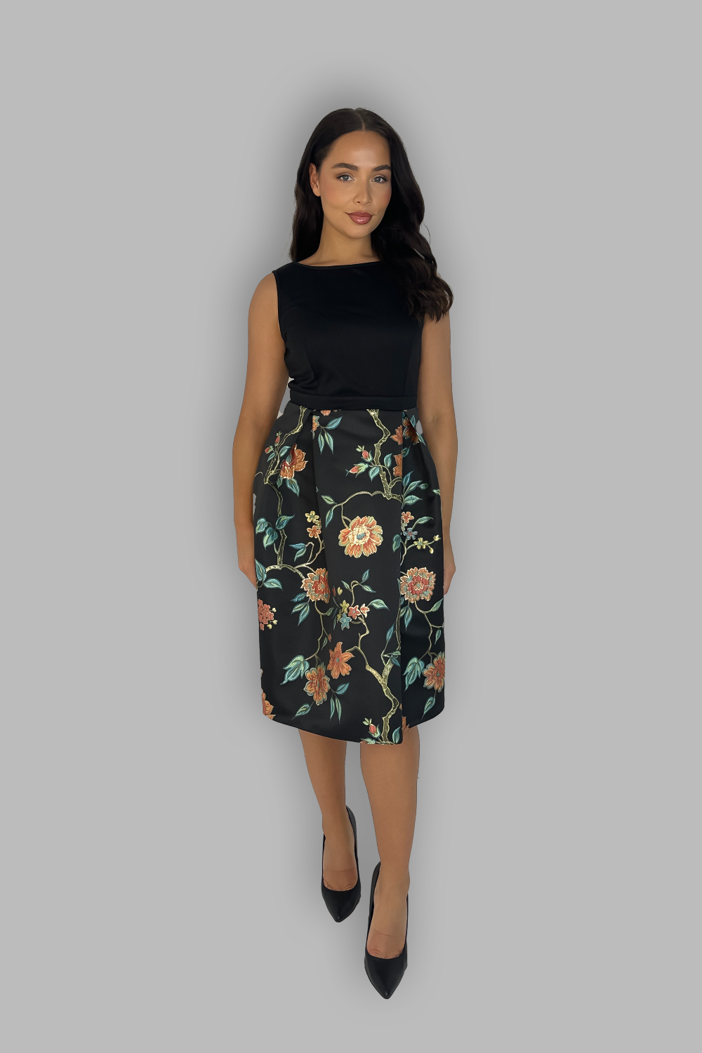 Black and Foil Floral Print Dress