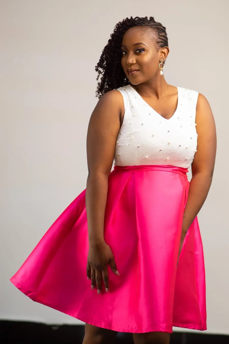 Faux Pearl Trim Skater Dress - Dark Pink and White
