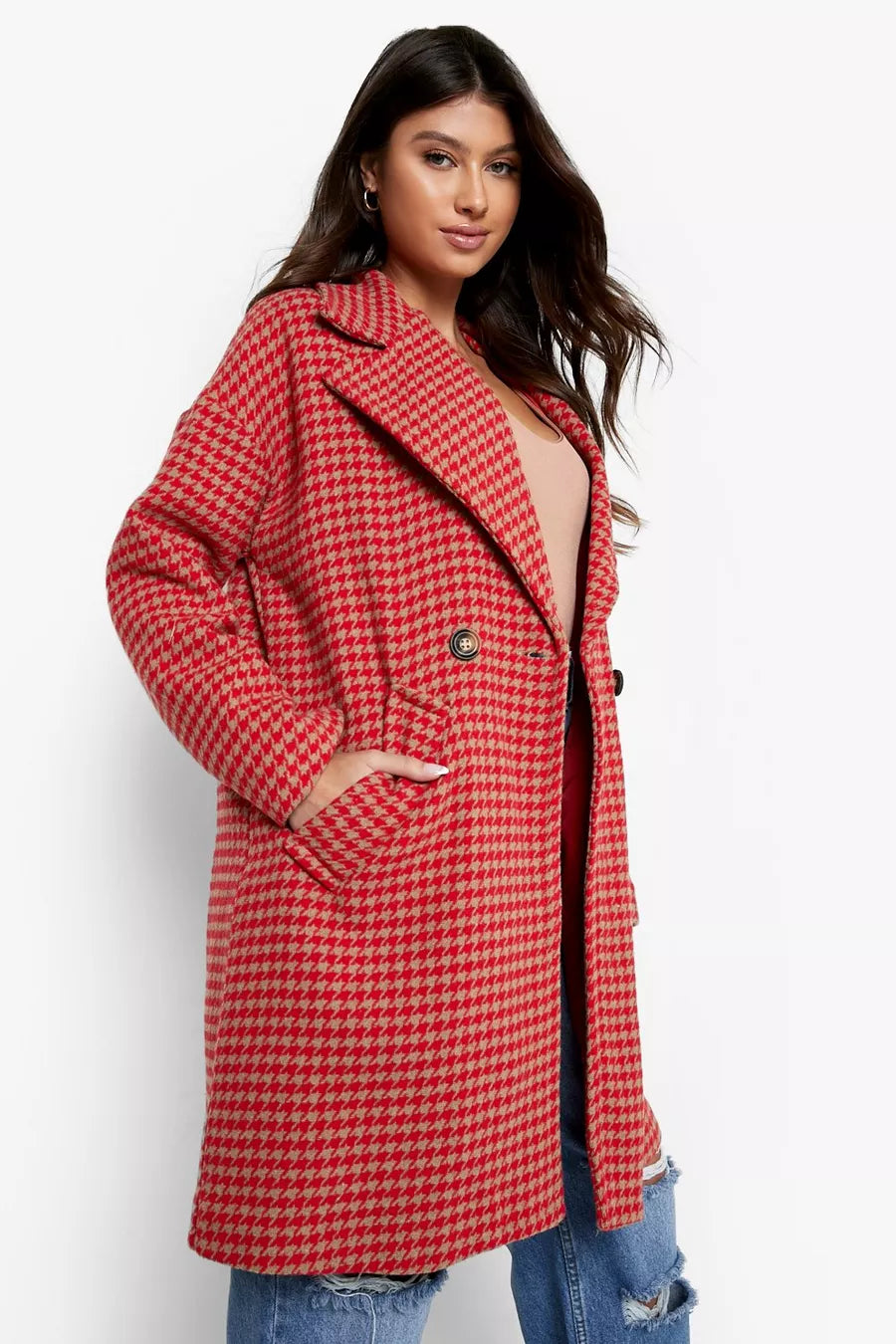 Red and Beige Dog Tooth Coat
