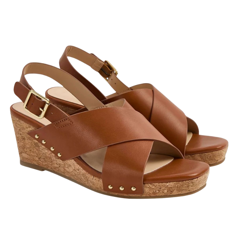Tan Ladies Double Strap Wedge Sandals