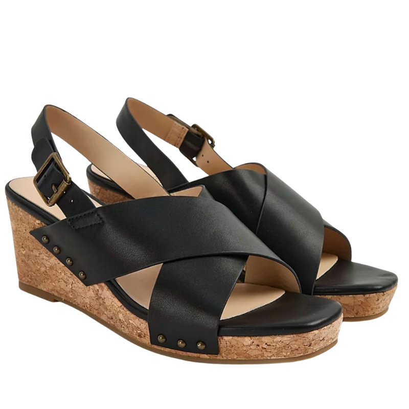 Black Ladies Double Strap Wedge Sandals
