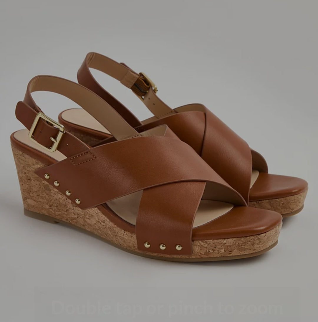 Tan Ladies Double Strap Wedge Sandals