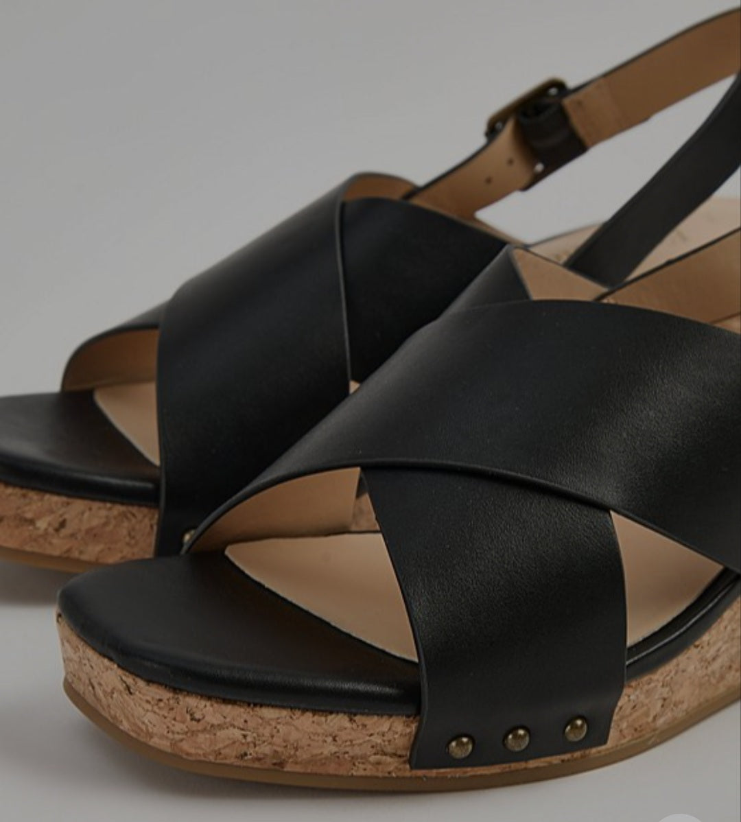 Black Ladies Double Strap Wedge Sandals
