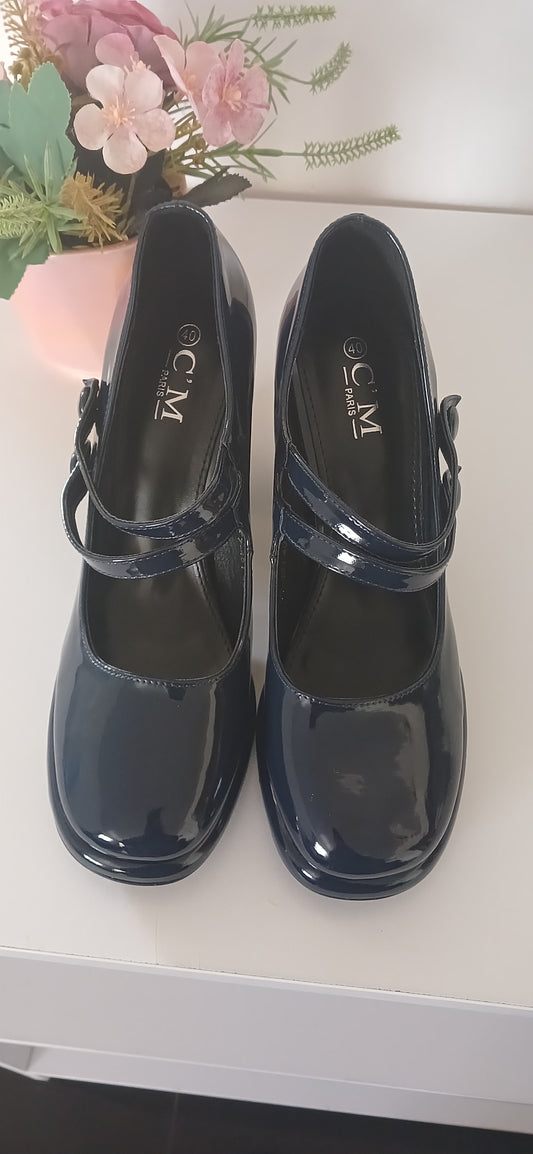 Navy Blue Mary Jane Blocked Heels