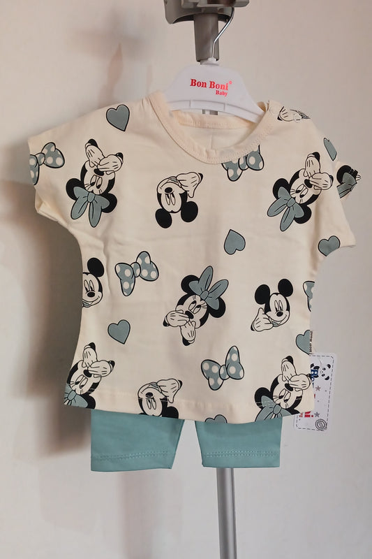 Kids Mini Mouse Print Two-Piece Suit- Green Print Mix