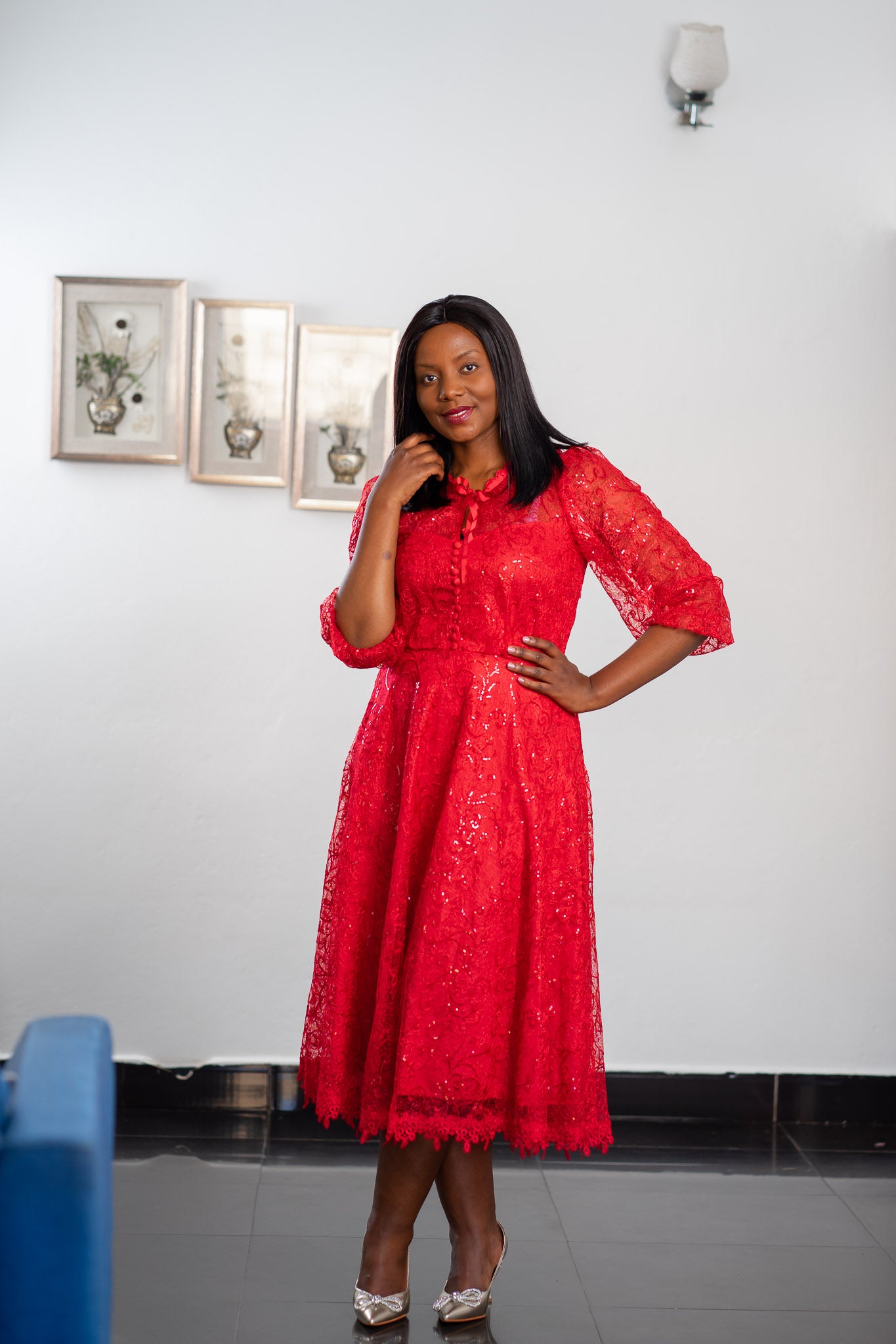 Red Shinny Lace Dress