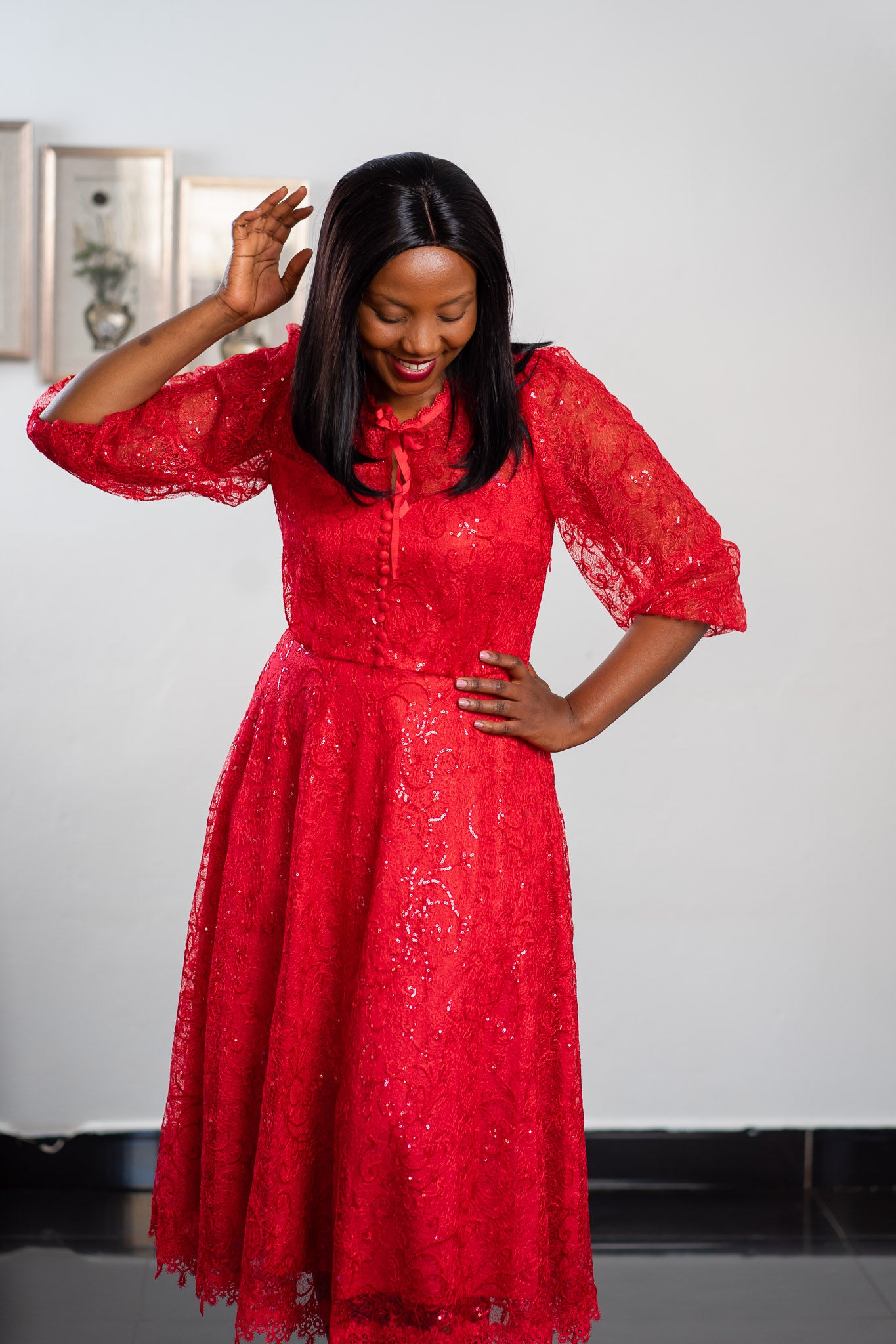 Red Shinny Lace Dress