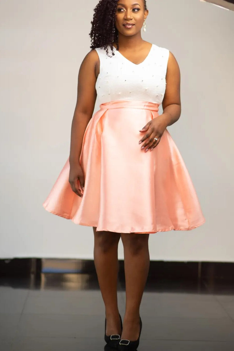 Faux Pearl Trim Skater Dress - Peach and White