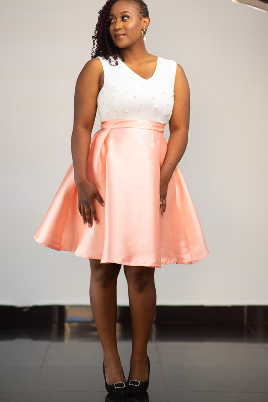 Faux Pearl Trim Skater Dress - Peach and White