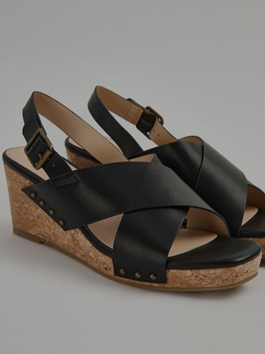 Black Ladies Double Strap Wedge Sandals
