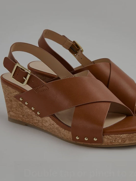 Tan Ladies Double Strap Wedge Sandals