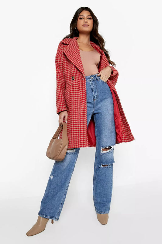 Red and Beige Dog Tooth Coat
