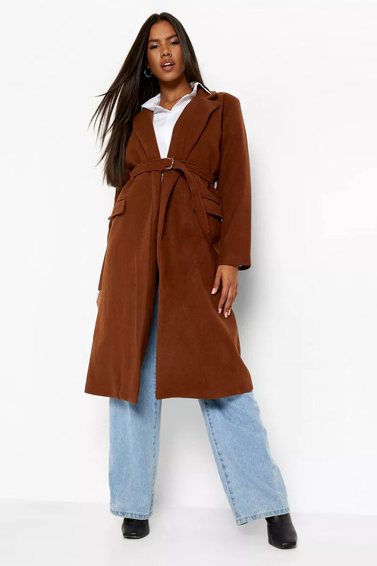 Chocolate Belted Wool Look Coat